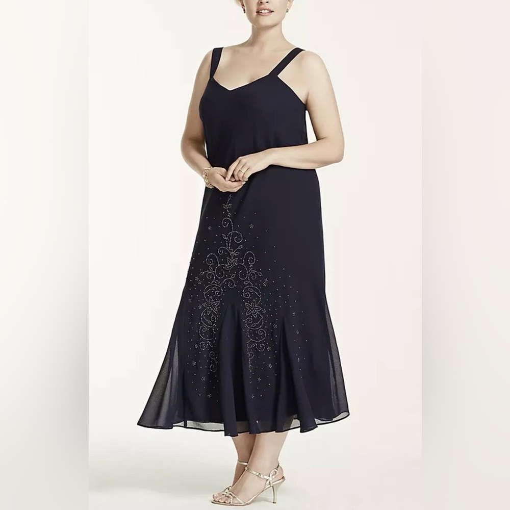 R&M RICHARDS Elegant Navy Blue Dress with Embellishments Beaded Gown Size 16 NEW